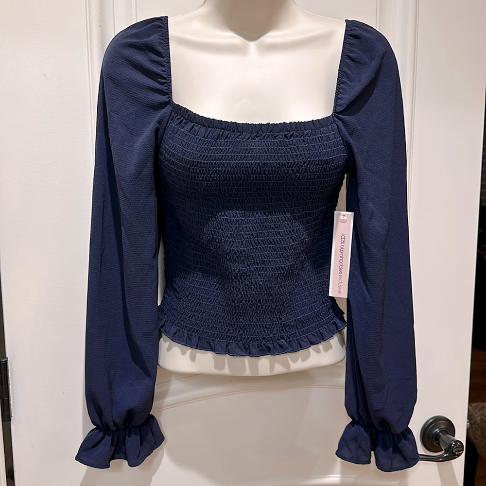 NWT Aqua Navy Blue Smocked Long Sleeve Blouse